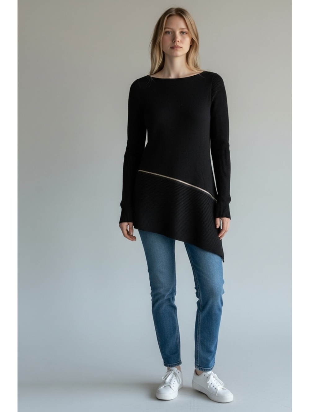 White House Black Market Women's Black Asymmetric Ribbed Sweater, Size M, Rayon